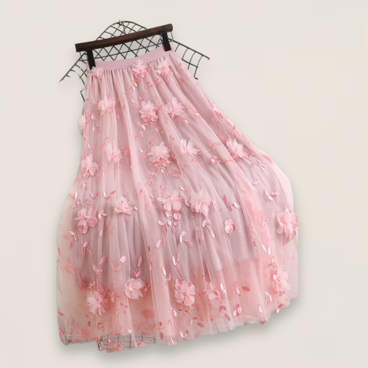 Elise | Pink Floral Embroidered Tulle Skirt with Elastic Waist