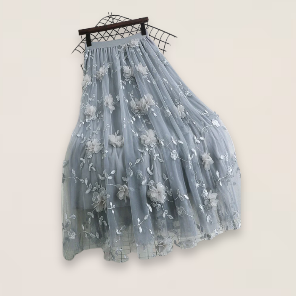 Elise | Pink Floral Embroidered Tulle Skirt with Elastic Waist