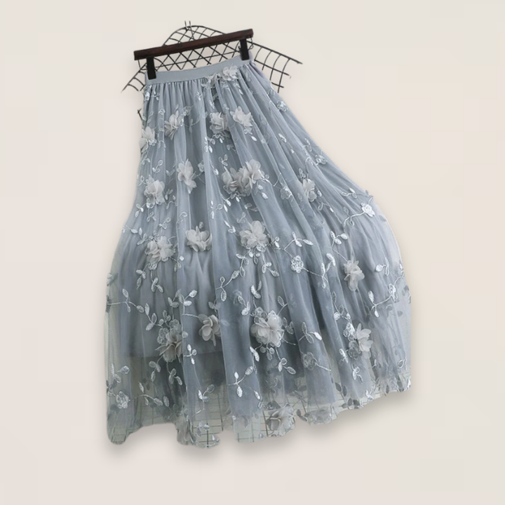 Elise | Pink Floral Embroidered Tulle Skirt with Elastic Waist