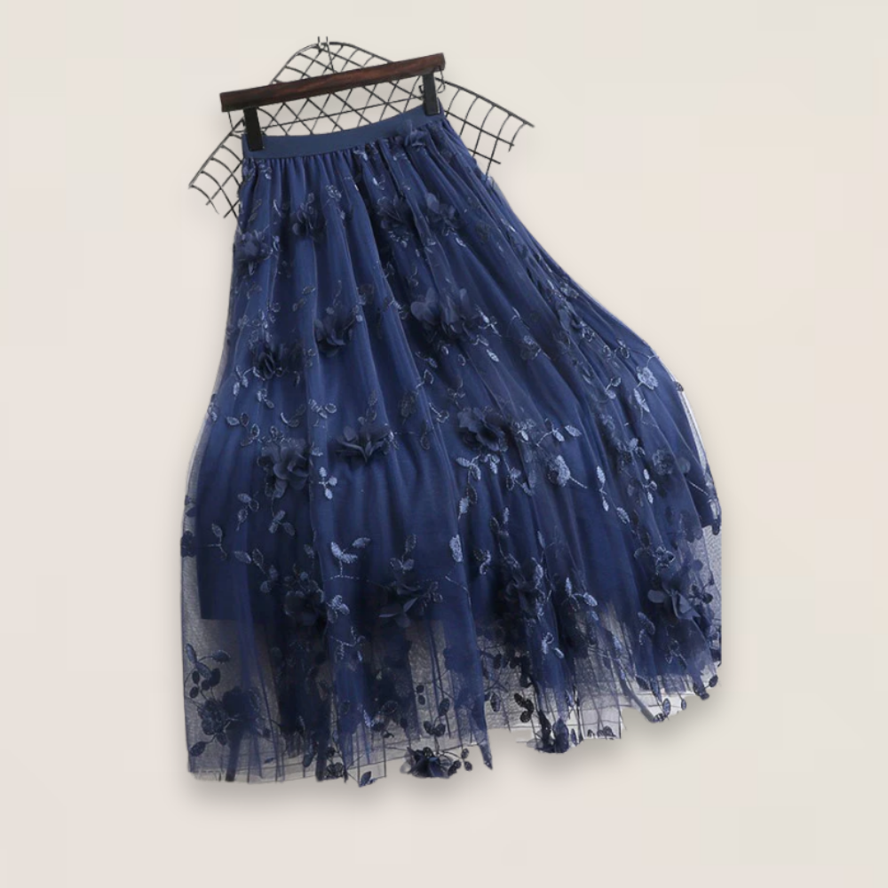 Elise | Pink Floral Embroidered Tulle Skirt with Elastic Waist