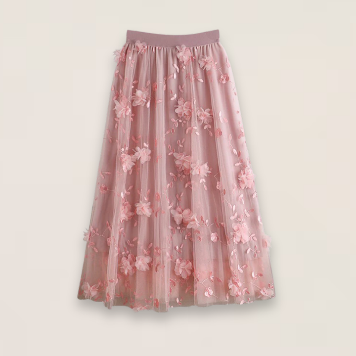Elise | Pink Floral Embroidered Tulle Skirt with Elastic Waist