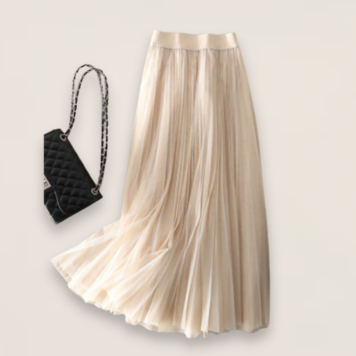 Clara | Apricot Patchwork Pleated Tulle Skirt with Elastic Waist