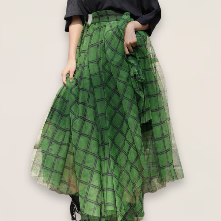 Sage | Boho Green Plaid Asymmetrical Tulle Skirt with Elastic Waist