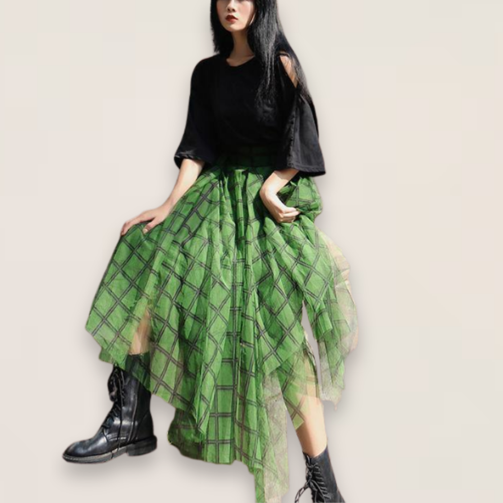 Sage | Boho Green Plaid Asymmetrical Tulle Skirt with Elastic Waist