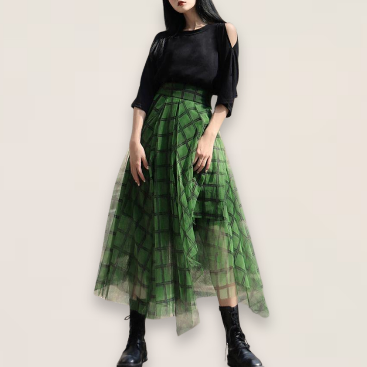 Sage | Boho Green Plaid Asymmetrical Tulle Skirt with Elastic Waist