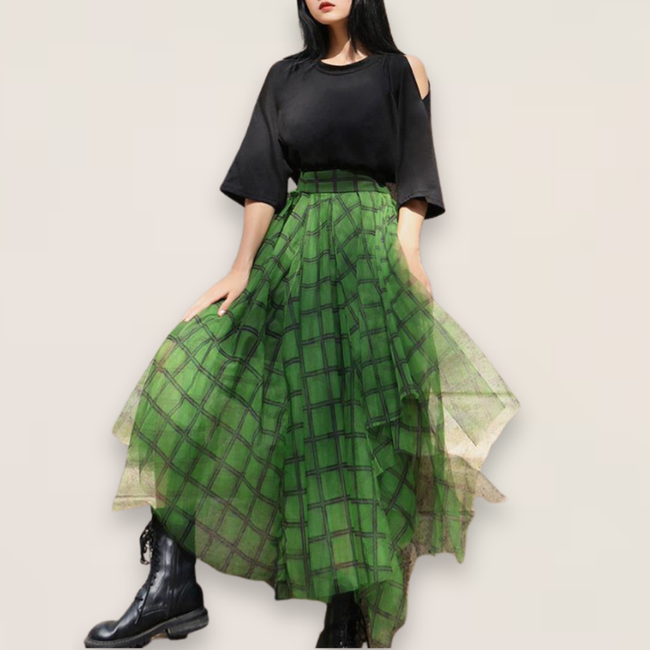 Sage | Boho Green Plaid Asymmetrical Tulle Skirt with Elastic Waist