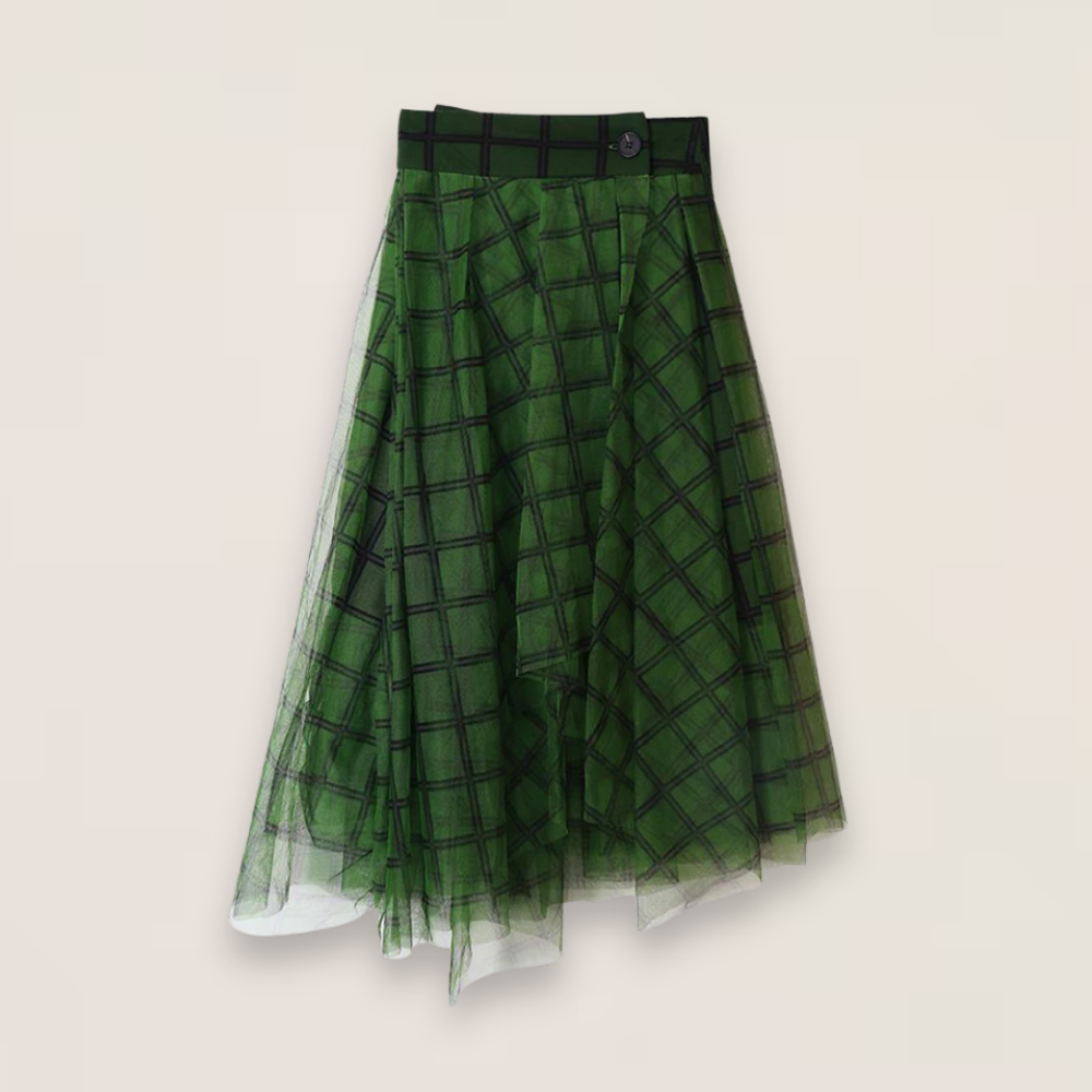 Sage | Boho Green Plaid Asymmetrical Tulle Skirt with Elastic Waist