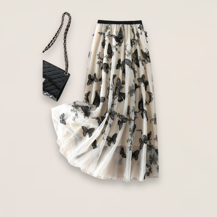 Mira | Beige Butterfly Embroidered Tulle Skirt with Elastic Waist