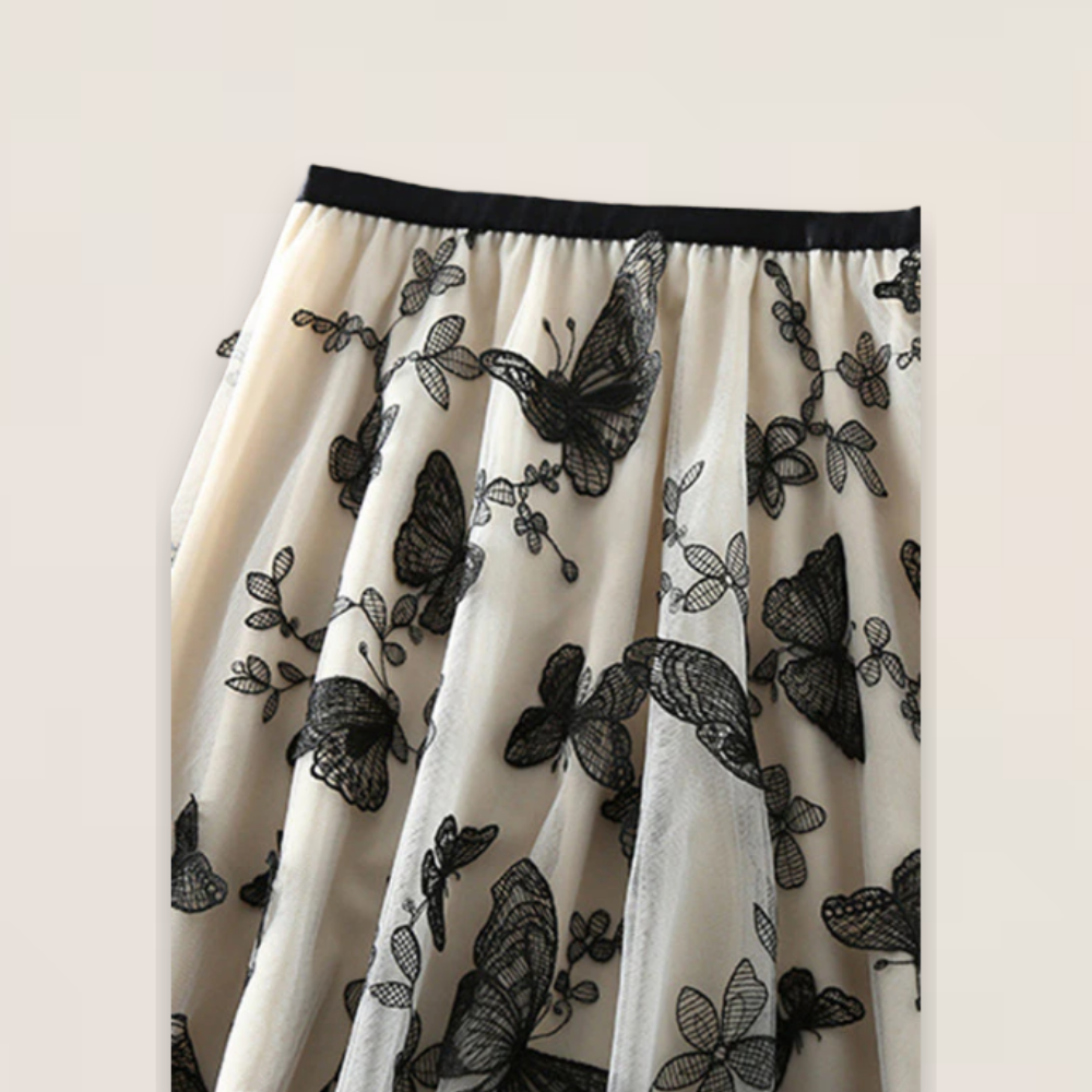 Mira | Beige Butterfly Embroidered Tulle Skirt with Elastic Waist