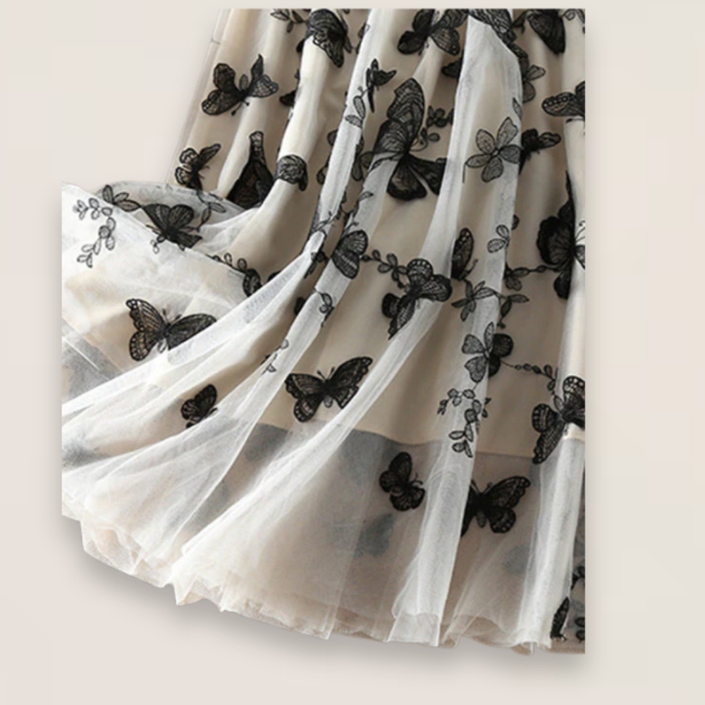 Mira | Beige Butterfly Embroidered Tulle Skirt with Elastic Waist