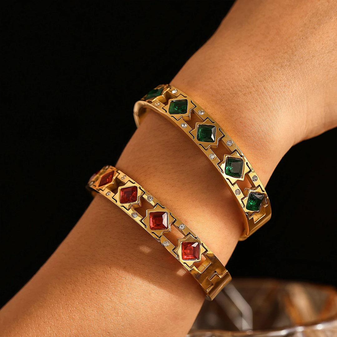 Openable Stainless Steel Bracelets For Women 18k Gold Plated Inlaid Square Zircon And Glass Stone Hollowed Women's Cuff Bracelet