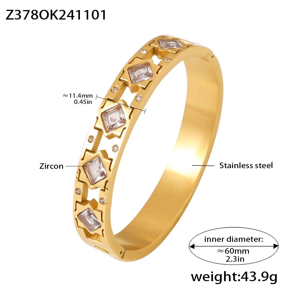 Openable Stainless Steel Bracelets For Women 18k Gold Plated Inlaid Square Zircon And Glass Stone Hollowed Women's Cuff Bracelet