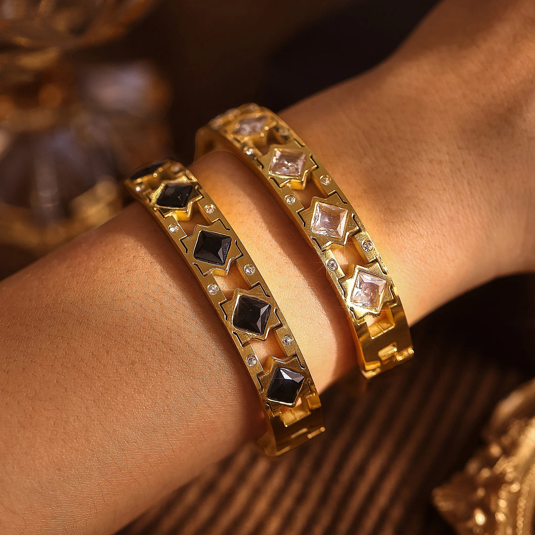 Openable Stainless Steel Bracelets For Women 18k Gold Plated Inlaid Square Zircon And Glass Stone Hollowed Women's Cuff Bracelet