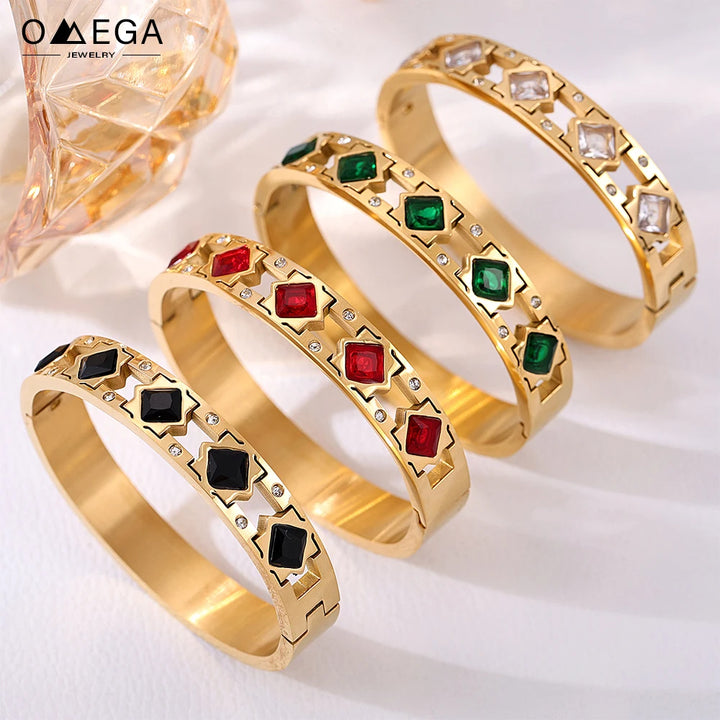 Openable Stainless Steel Bracelets For Women 18k Gold Plated Inlaid Square Zircon And Glass Stone Hollowed Women's Cuff Bracelet