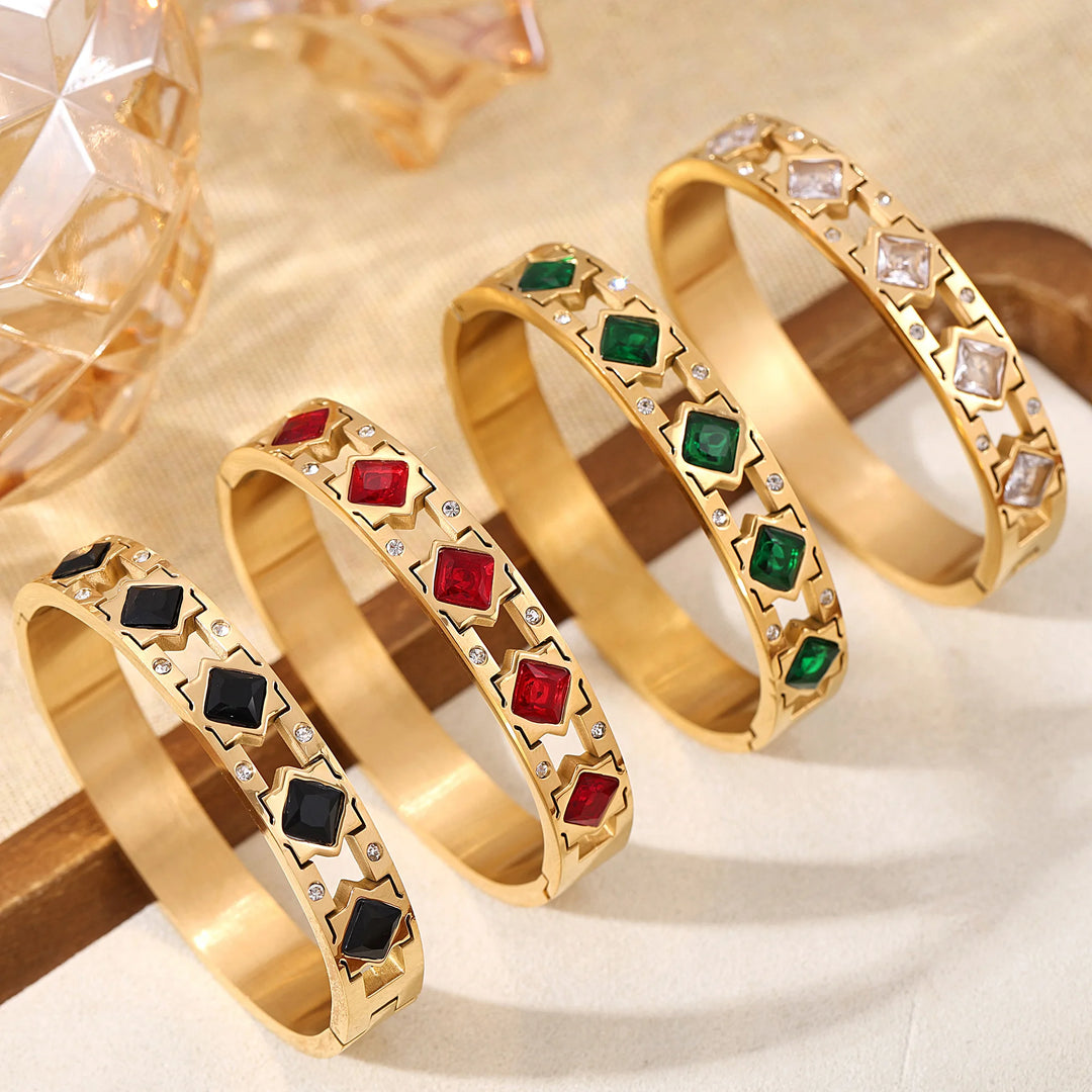 Openable Stainless Steel Bracelets For Women 18k Gold Plated Inlaid Square Zircon And Glass Stone Hollowed Women's Cuff Bracelet