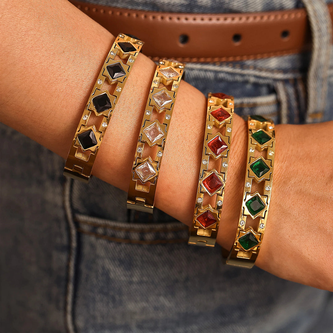 Openable Stainless Steel Bracelets For Women 18k Gold Plated Inlaid Square Zircon And Glass Stone Hollowed Women's Cuff Bracelet