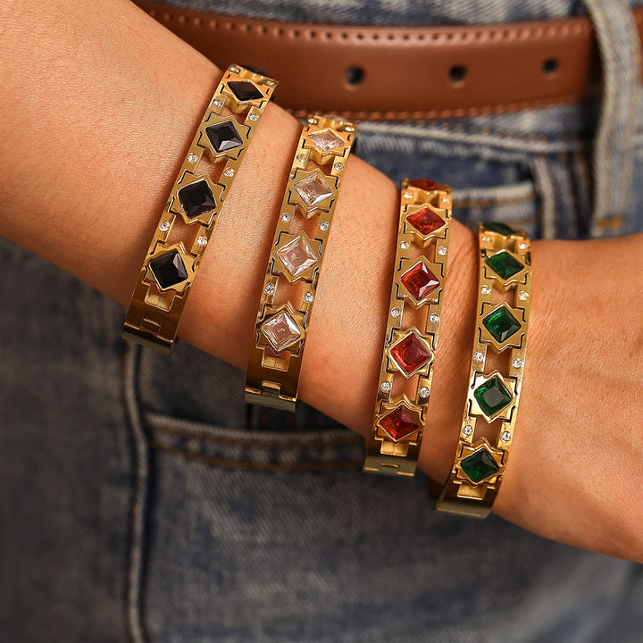 Openable Stainless Steel Bracelets For Women 18k Gold Plated Inlaid Square Zircon And Glass Stone Hollowed Women's Cuff Bracelet