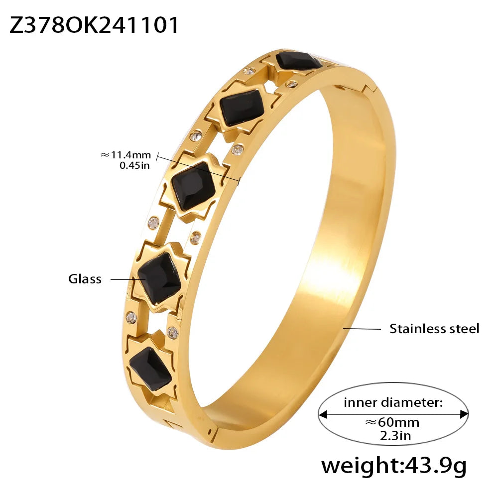 Openable Stainless Steel Bracelets For Women 18k Gold Plated Inlaid Square Zircon And Glass Stone Hollowed Women's Cuff Bracelet
