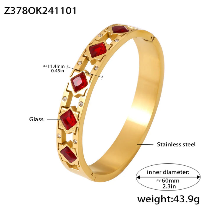 Openable Stainless Steel Bracelets For Women 18k Gold Plated Inlaid Square Zircon And Glass Stone Hollowed Women's Cuff Bracelet