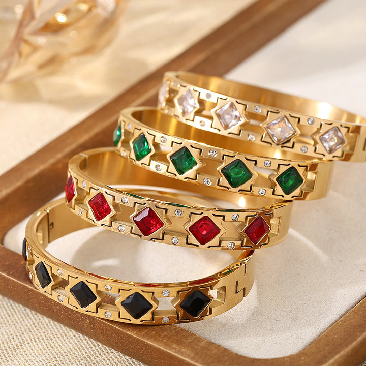 Openable Stainless Steel Bracelets For Women 18k Gold Plated Inlaid Square Zircon And Glass Stone Hollowed Women's Cuff Bracelet