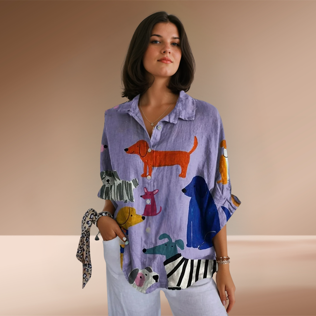 ALENA  | DOG PRINT BUTTON-UP BLOUSE