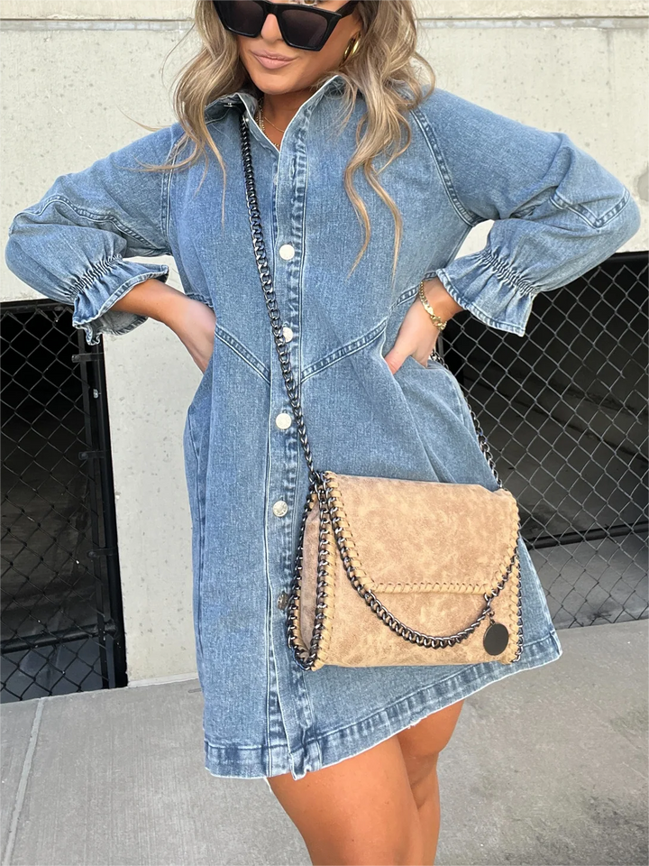 Altheira | Chic Turn-Down Collar Denim Midi Dress